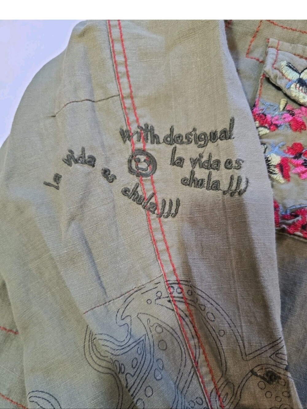 Desigual Womens Army Green Hooded Jacket with Floral Embroidered Patches Size 46 - Picture 7 of 13